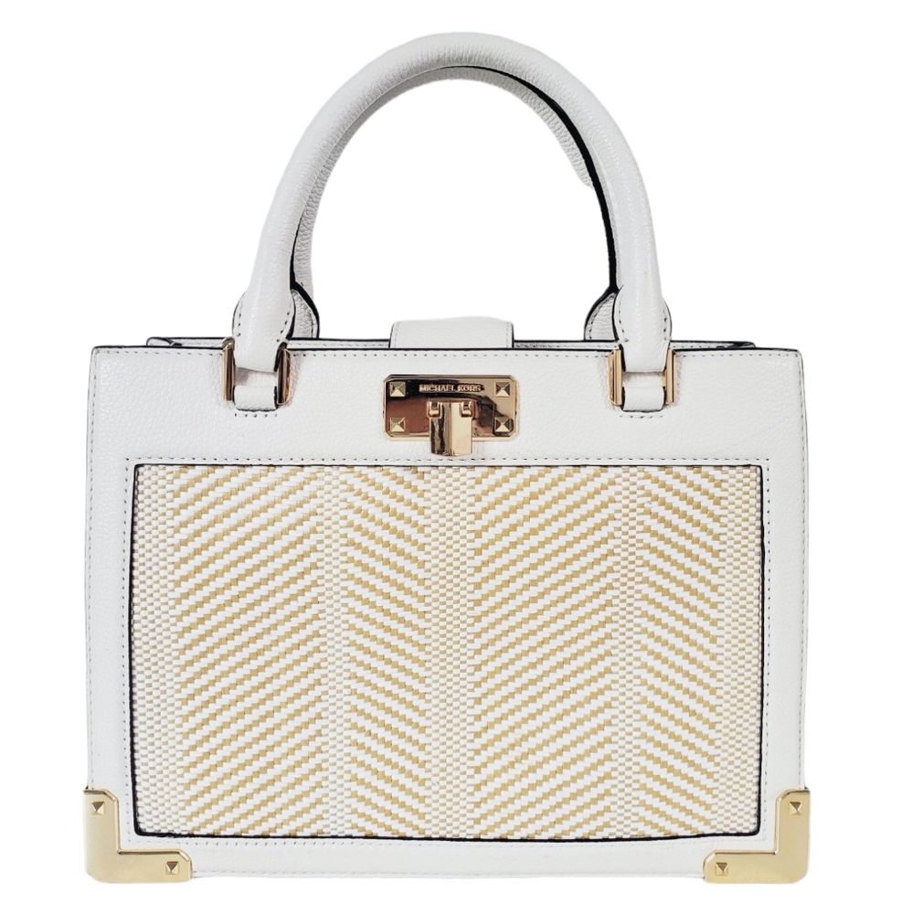 Michael Kors Kinsley MD Accordion Leather & Straw Weaved Satchel